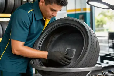 Profissional consertando um pneu com ferramentas de borracharia em Caruaru.