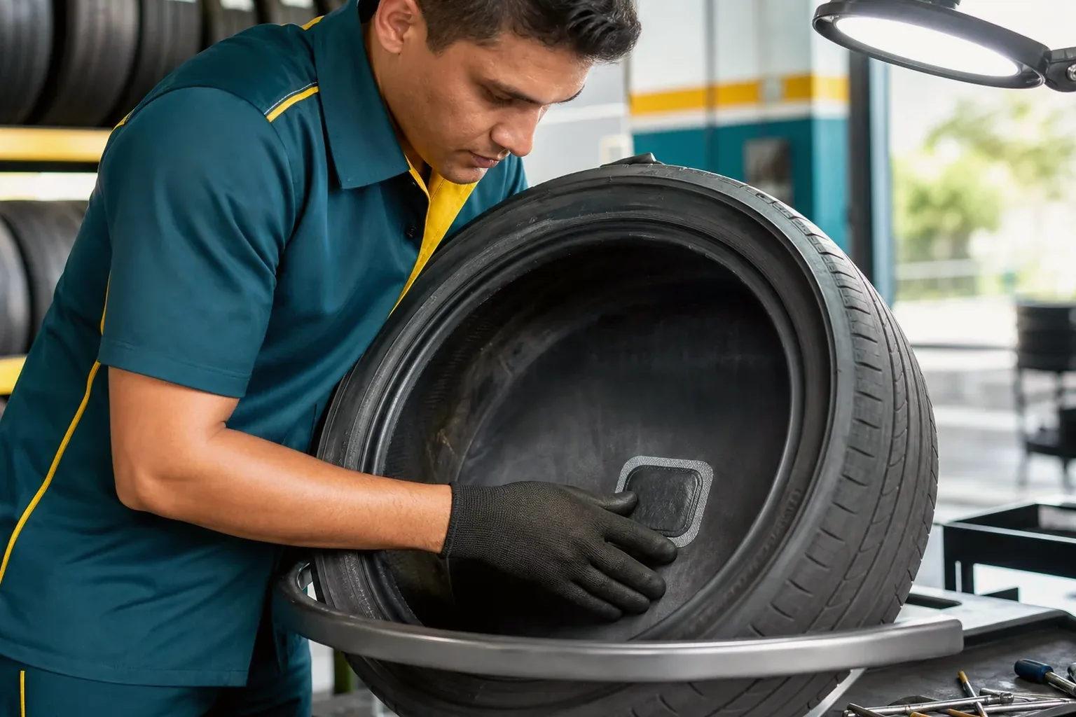 Profissional consertando um pneu com ferramentas de borracharia em Caruaru.